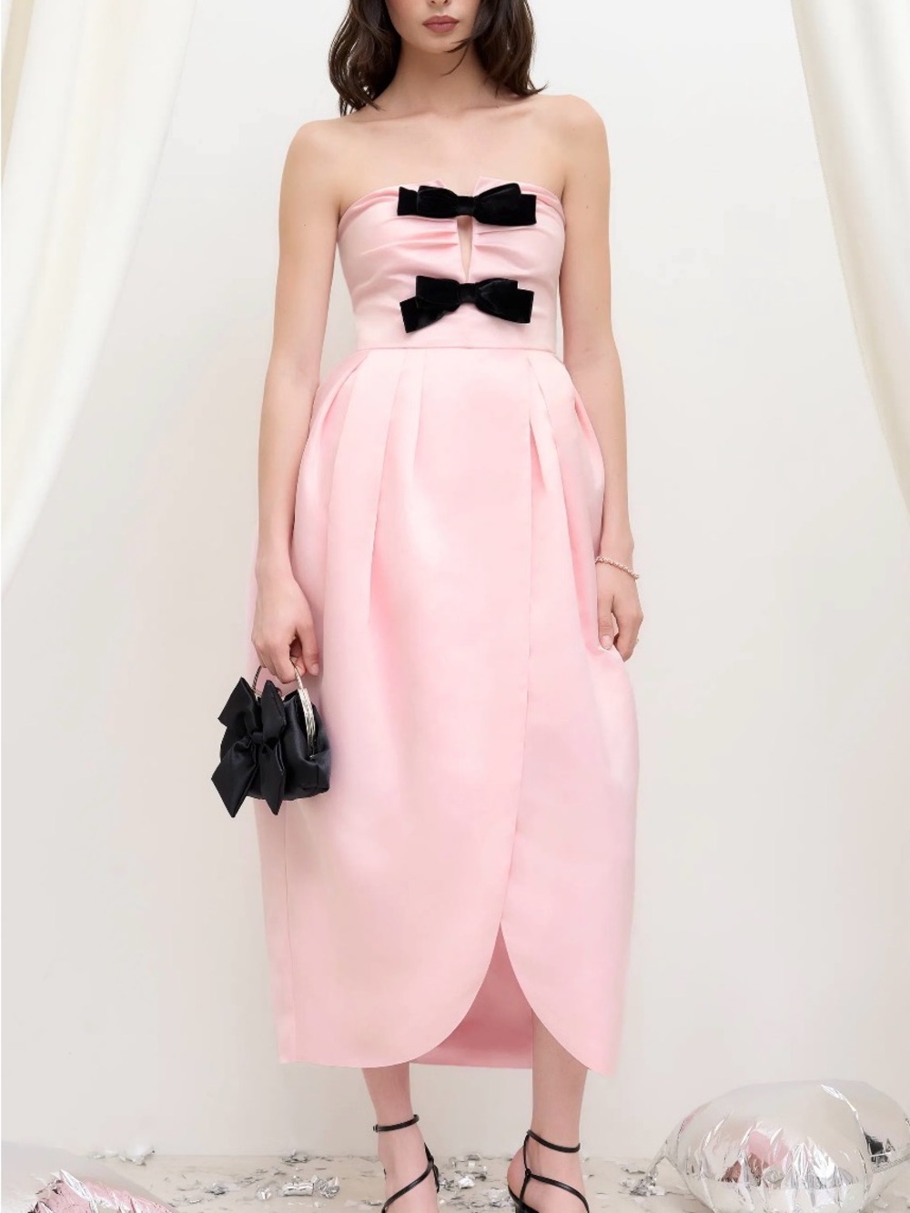 Cider Strapless Pink Midi Dress with Black Bows